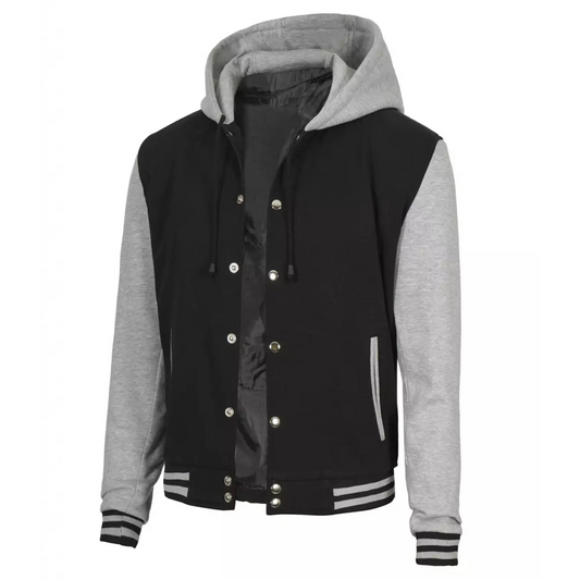 Men's Black And Grey Varsity Jacket With Hood image 0