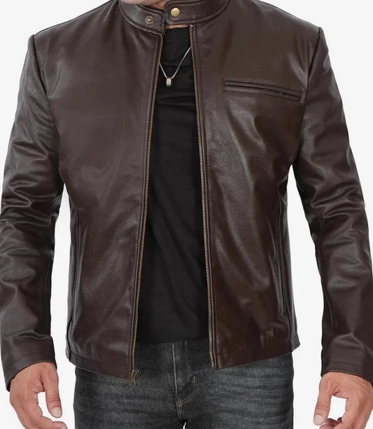 Men's Premium Dark Brown Cowhide Cafe Racer Leather Jacket image 0
