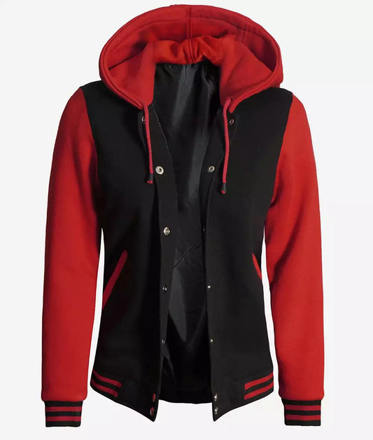 Women's Black and Red Hooded Varsity Jacket - Baseball Style image 0