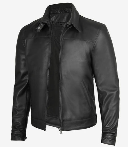 Men's Black Premium Shirt Collar Real Leather Jacket image 0