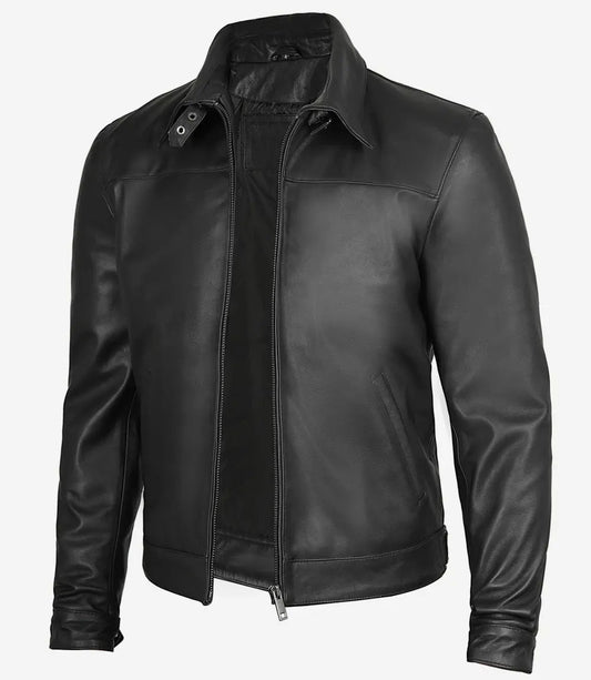 Men's Black Premium Shirt Collar Real Leather Jacket image 0