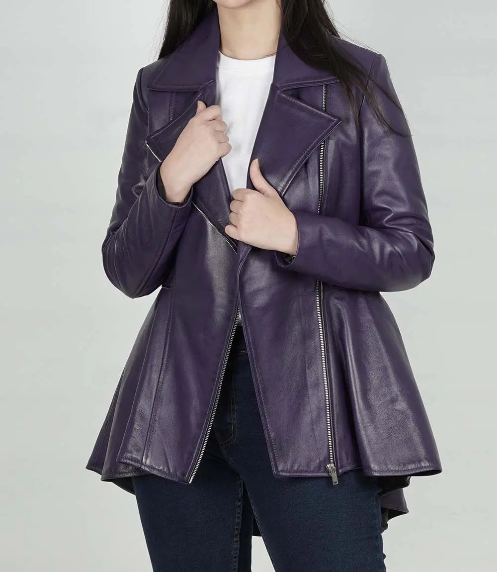 Women's Purple Asymmetrical Peplum Leather Jacket image 1