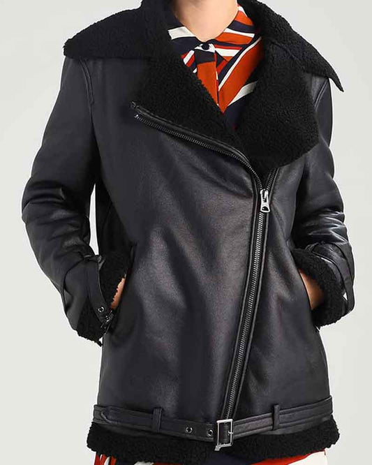Womens Black Leather Shearling Aviator Jacket image 0