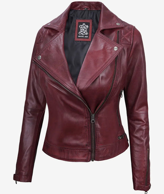 Women's Maroon Real Lambskin Moto Leather Jacket image 0