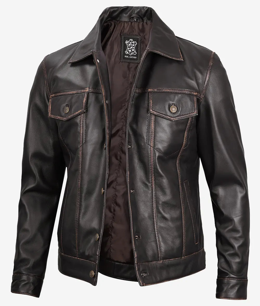 Fernando Men’s Dark Brown Trucker Real Leather Jacket image 0