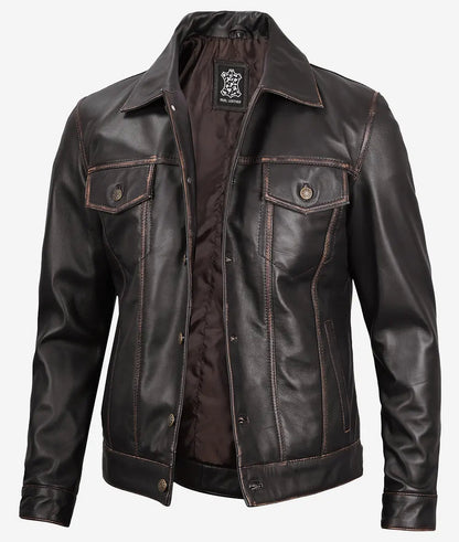 Fernando Men’s Dark Brown Trucker Real Leather Jacket image 0