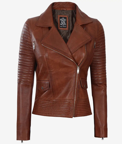 Women's Cognac Quilted Style Leather Moto Jacket image 0