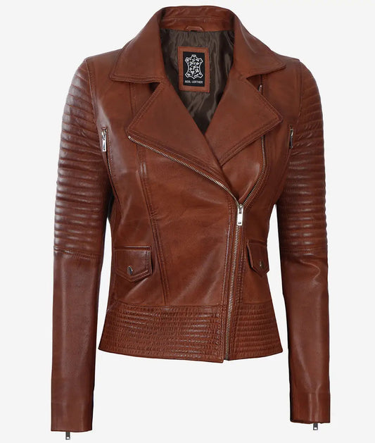Women's Cognac Quilted Style Leather Moto Jacket image 0