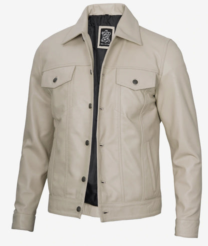 Men's Beige Real Lambskin Leather Trucker Jacket image 0