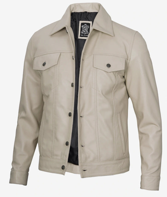 Men's Beige Real Lambskin Leather Trucker Jacket image 0