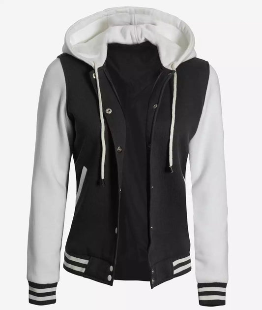 Women's White and Black Hooded Varsity Jacket - Letterman Style image 0