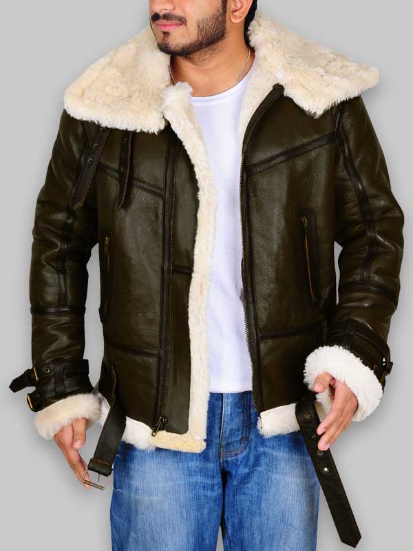 WWII B3 Bomber Men Army Green Shearling Jacket image 1