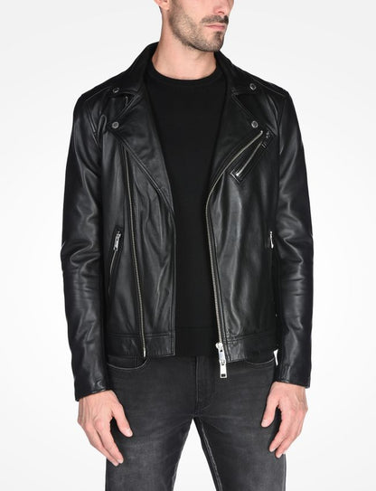 Black Sheepskin Leather Moto Jacket Men image 0