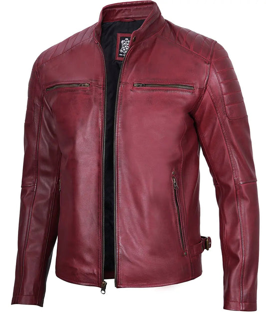 Men's Maroon Cafe Racer Waxed Leather Jacket image 0