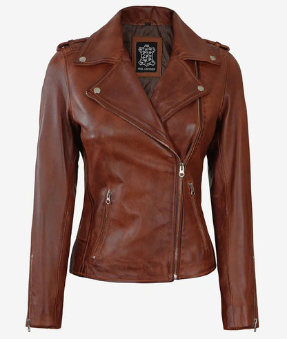 Women's Asymmetrical Cognac Distressed Moto Leather Jacket image 1