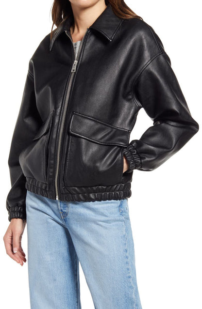 Black Bomber And Biker Leather Jacket Women image 3