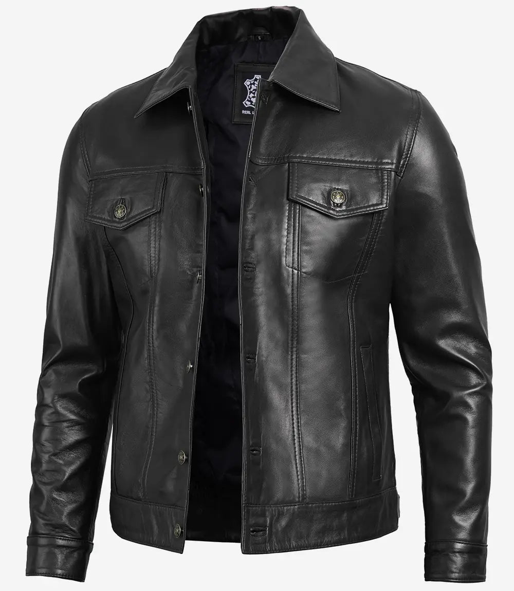 Men's Four Pocket Black Trucker Leather Jacket image 0