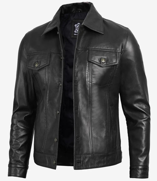 Men's Four Pocket Black Trucker Leather Jacket image 0