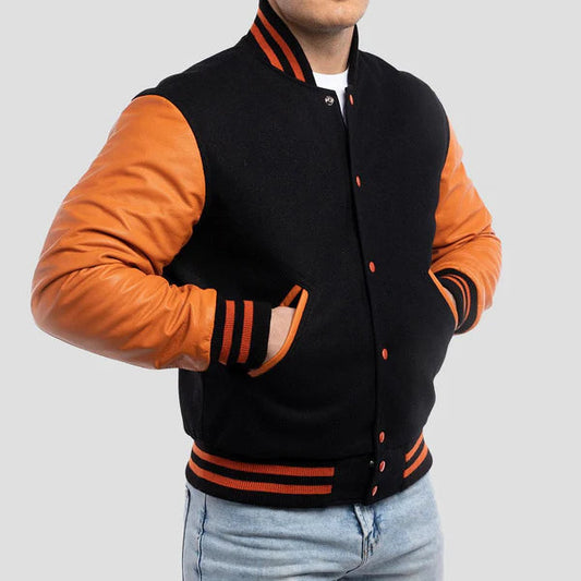Men's Black and Orange Wool Varsity Jacket image 0