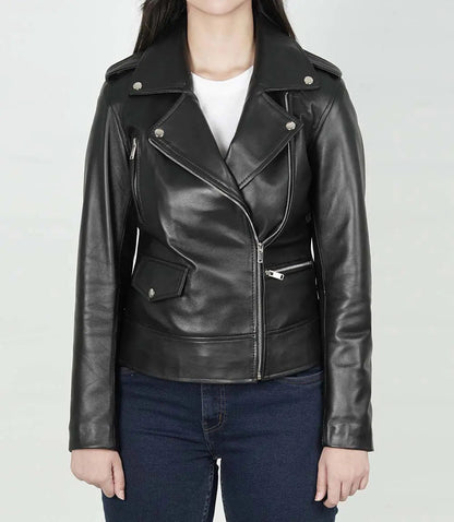 Women's Amber Asymmetrical Black Leather Jacket image 1