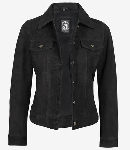 Women's Black Classic Suede Trucker Jacket image 1