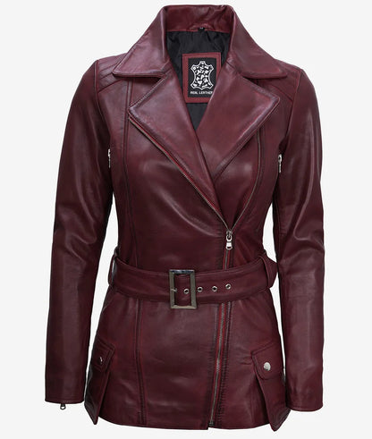 Women's Maroon Asymmetrical Moto Leather Belted Jacket image 1