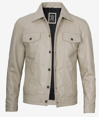 Men's Beige Real Lambskin Leather Trucker Jacket image 1