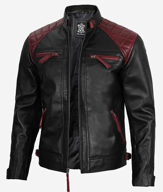 Men's Maroon and Black Biker Leather Jacket image 0