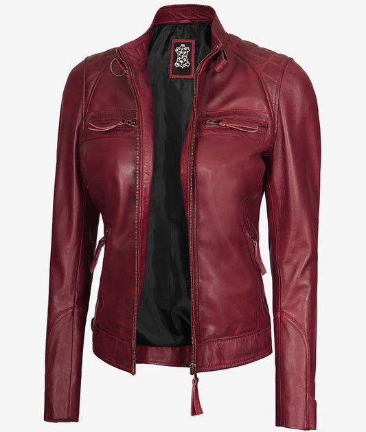 Women's Real Lambskin Maroon Leather Motorcycle Jacket image 0