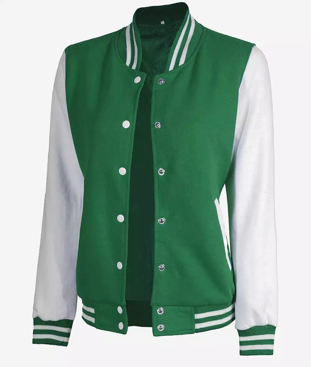 Women's White and Green Letterman Bomber Jacket - Baseball Style image 1