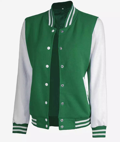 Women's White and Green Letterman Bomber Jacket - Baseball Style image 1