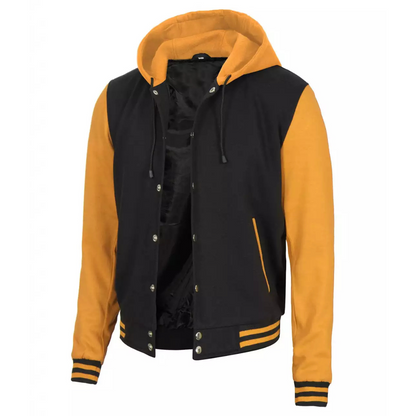 Mens Black And Yellow Letterman Varsity Jacket with Hood image 1