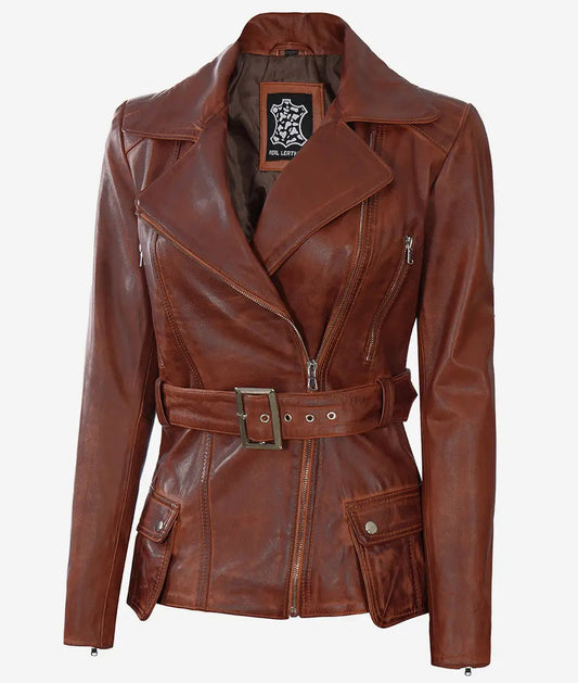 Women's Cognac Asymmetrical Belted Wax Four-Pocket Moto Leather Jacket image 0