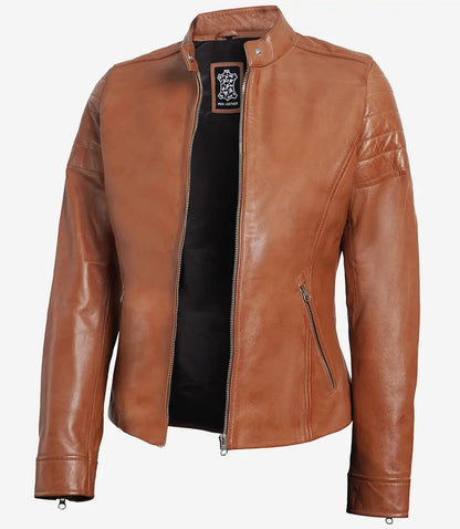 Women's Tan Real Lambskin Biker Leather Jacket image 0