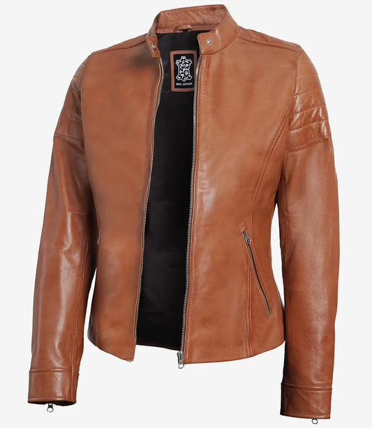 Women's Tan Real Lambskin Biker Leather Jacket image 0