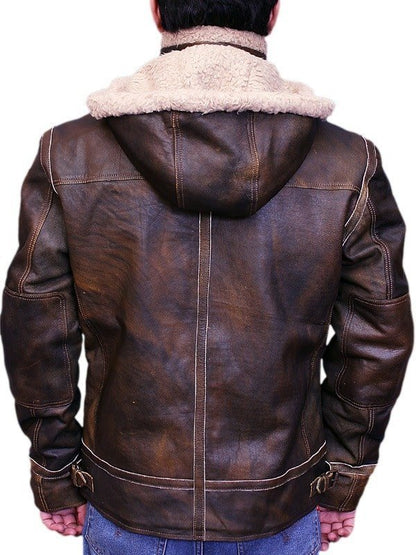 Men Aviator Leather Bomber Jacket with Fur Hood Brown image 1