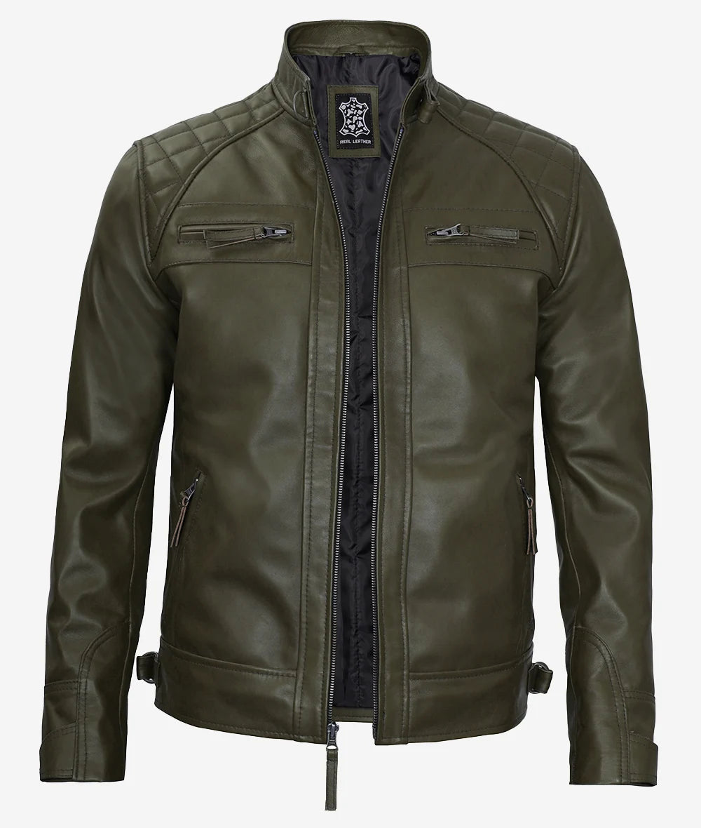 Men's Military Green Quilted Shoulder Cafe Racer Leather Jacket image 1