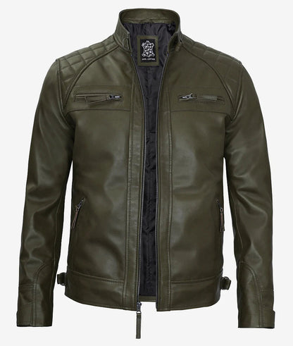 Men's Military Green Quilted Shoulder Cafe Racer Leather Jacket image 1