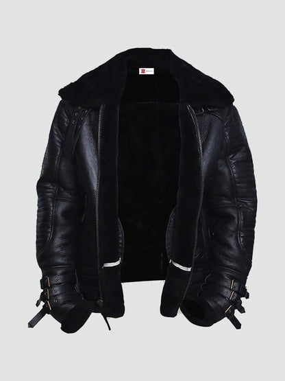 Mens Black Shearling Biker Leather Jacket image 1