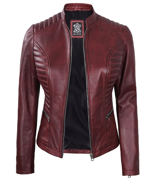 Women's Maroon Cafe Racer Leather Jacket image 0