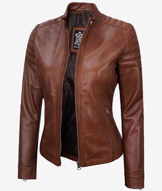 Women's Cognac Cafe Racer Leather Jacket image 0