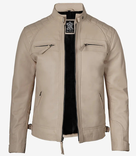 Men’s Cafe Racer Beige Real Leather Jacket - Quilted Shoulder image 0