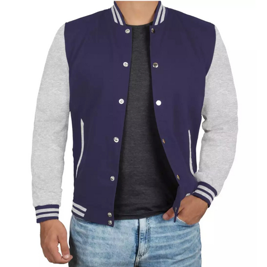 Men's Navy Blue Varsity Jacket with Grey Sleeves - Baseball Style Jacket image 0