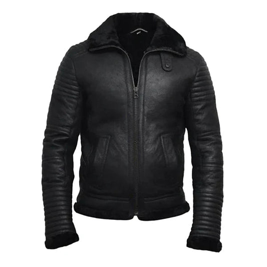 Men's Faux Shearling Flying Black Leather Jacket image 0