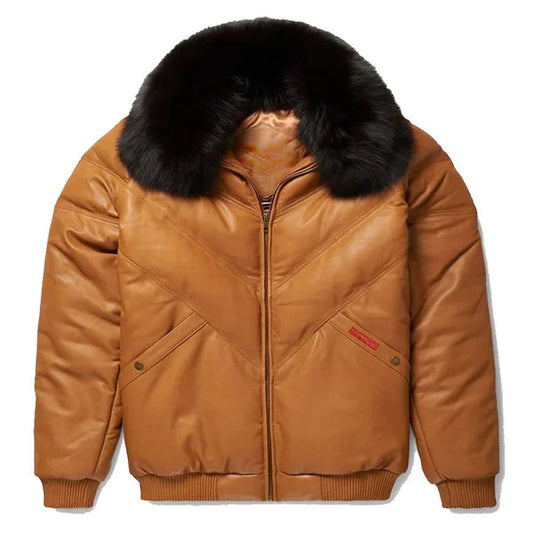 Men's V-Bomber Faux Shearling Brown Leather Jacket image 0