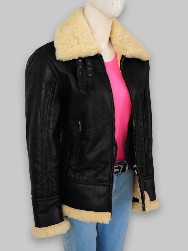 B3 Women's Fur Shearling Black Leather Jacket image 4