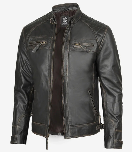 Men's Dark Brown Quilted Cafe Racer Leather Jacket image 0
