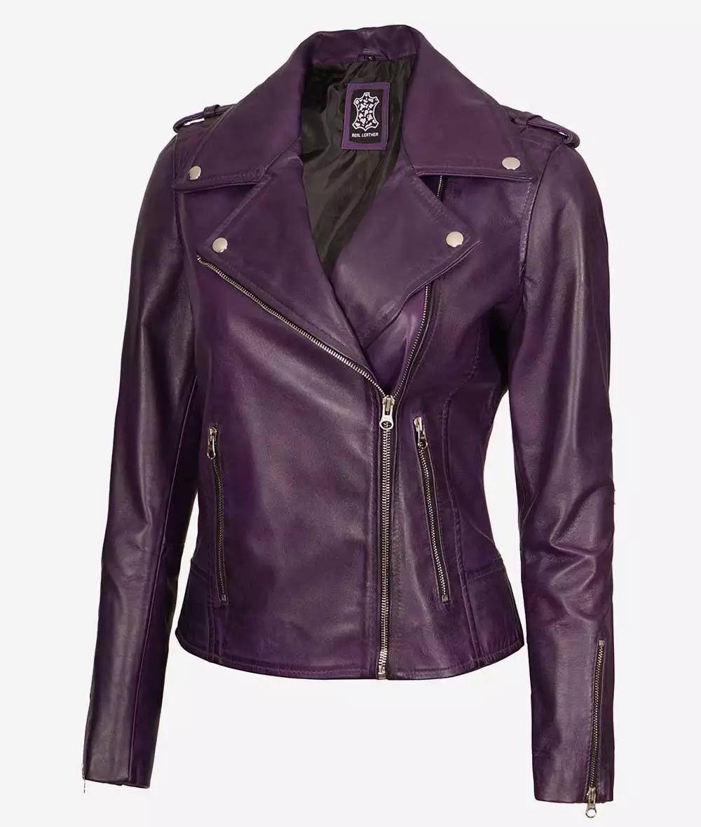 Women's Asymmetrical Purple Lambskin Motorcycle Jacket image 1
