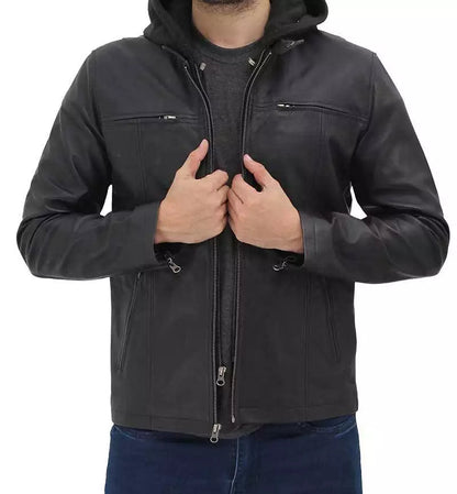 Men's Black Removable Hood Leather Jacket image 1