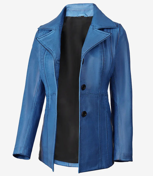 Women's Blue Waxed Leather Coat | Three Button image 0